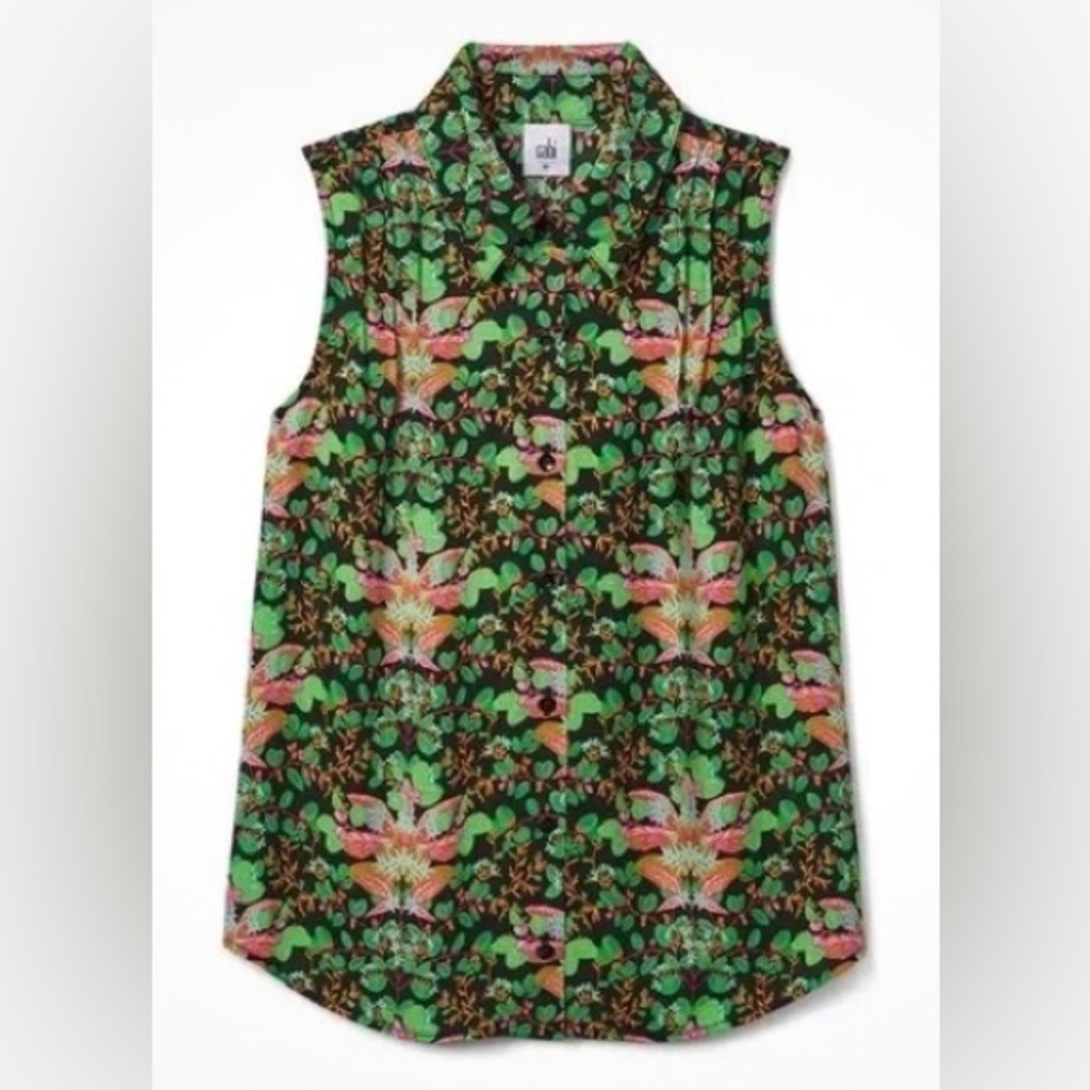 Cabi Folklore Print Sleeveless Button Down Blouse Small Floral Green Office Work